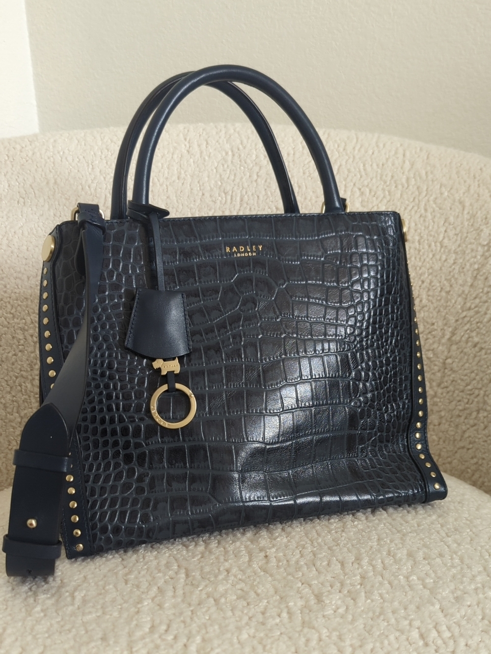 RADLEY LONDON Navy Croc-Embossed Satchel with Gold Hardware